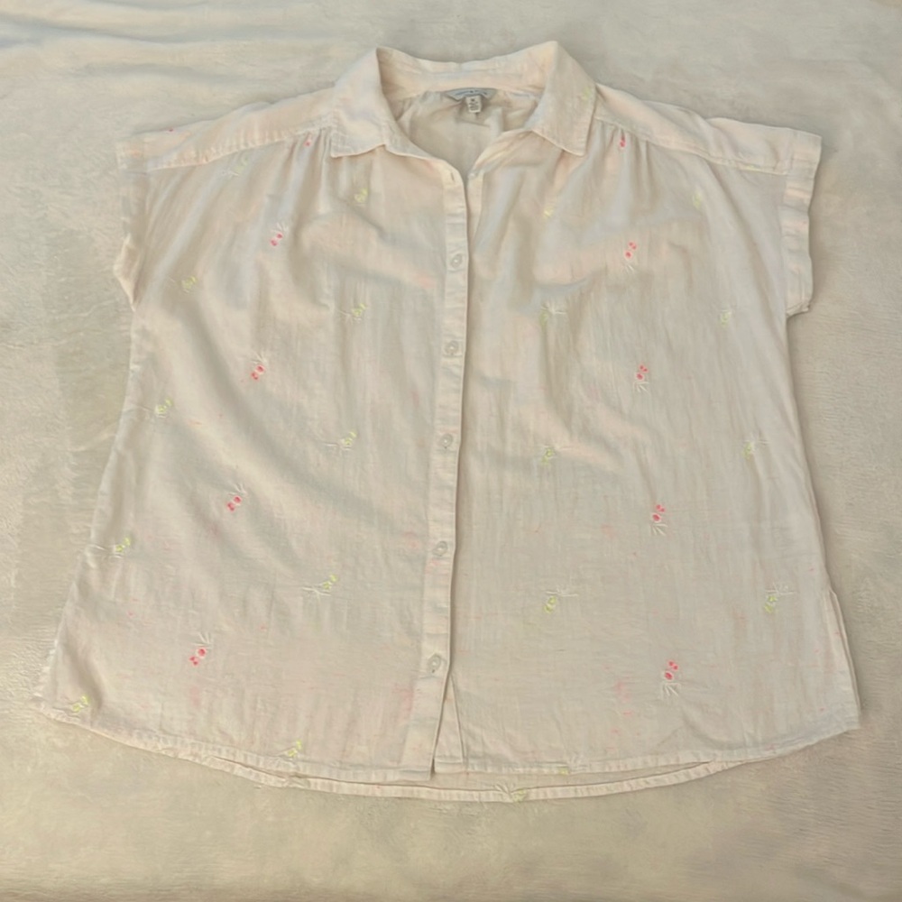 Lucky Brand White Button-Down Shirt with Pink & Yellow Embroidery